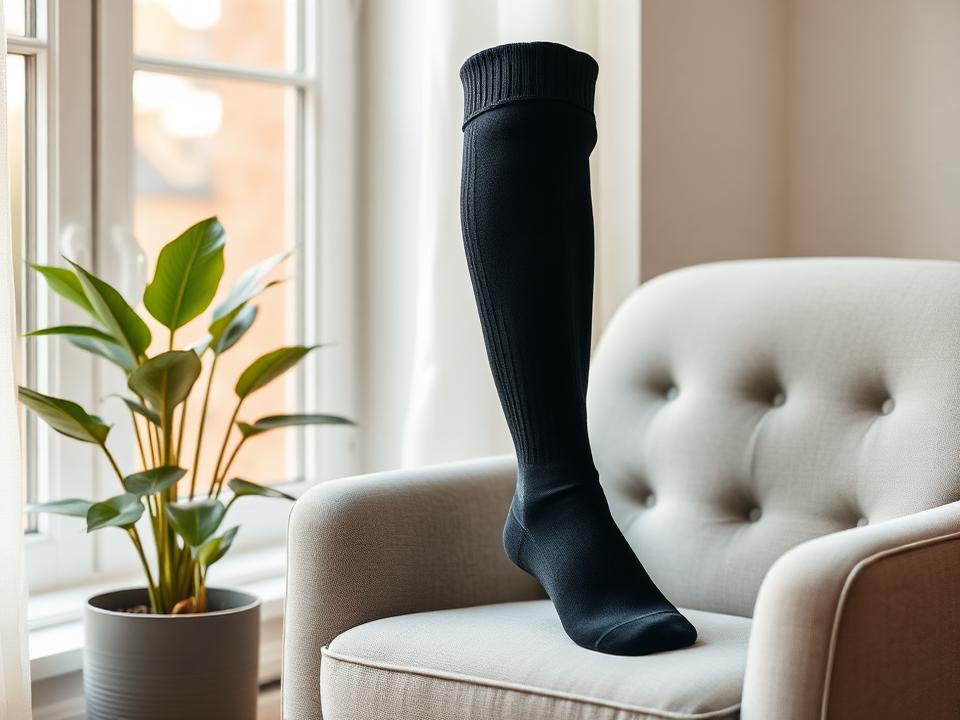TrueFit black knee-high compression socks resting on an armchair by a sunlit window