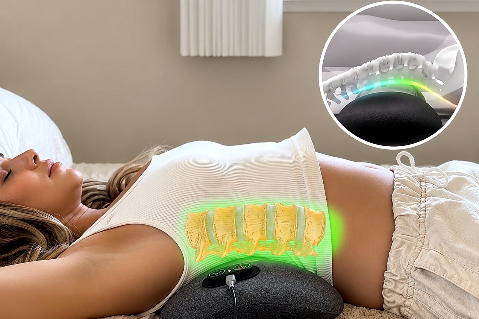 Woman lying on the SmoothSpine Triple Fusion massager as heat, kneading nodes and traction decompress her lumbar spine