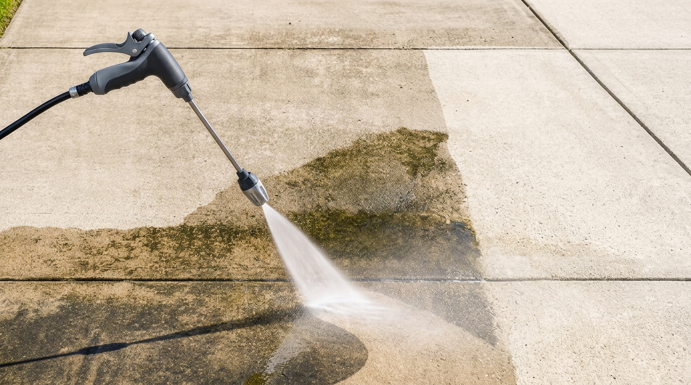 TurboJet spray gun blasting years of dirt off a concrete patio